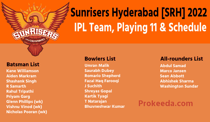 Sunrisers Hyderabad SRH IPL Team 2022 Full Details, Sunrisers Hyderabad Batsman, Allrounder, Bowlers List, SRH Team Members Details.